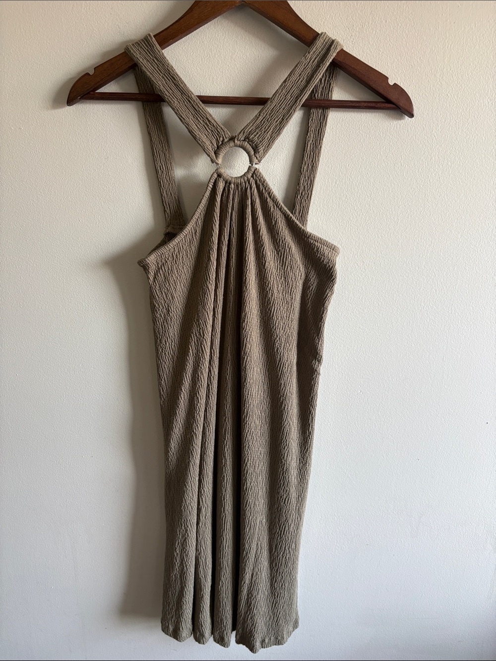 Michael Stars LA Textured Ring‎ Back Halter Swing Midi Dress Olive Size M